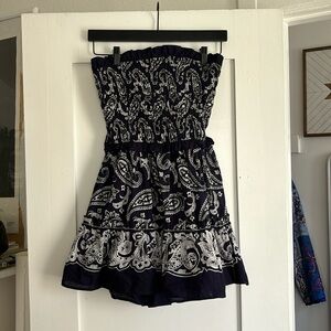 Sea New York smocked handkerchief print sun dress tie back size S navy blue